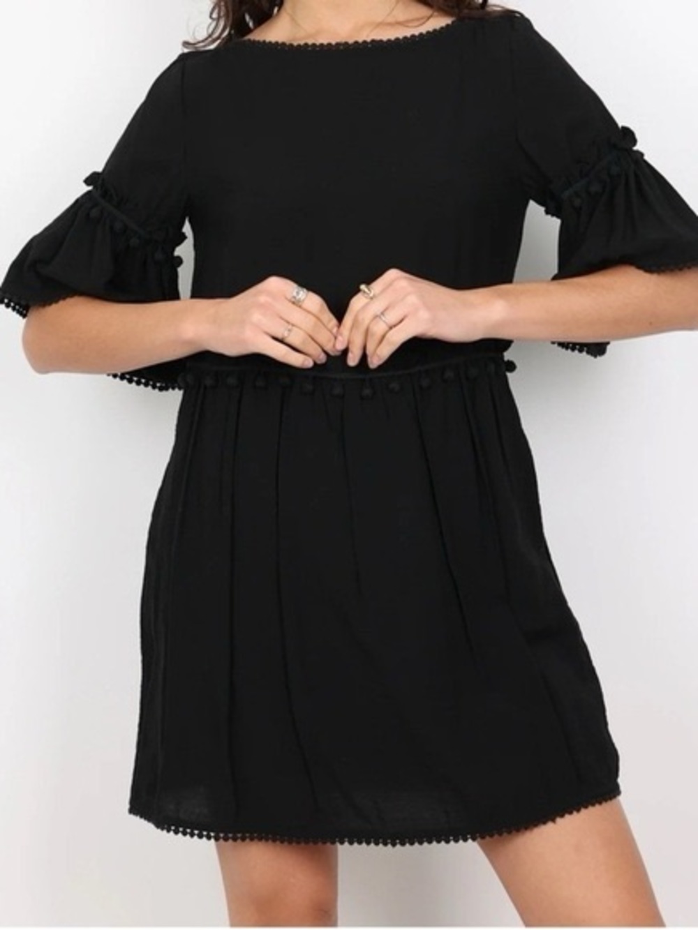 Club Monaco Black Ruffle Bell Sleeve Pom-Pom Trim Mini Dress